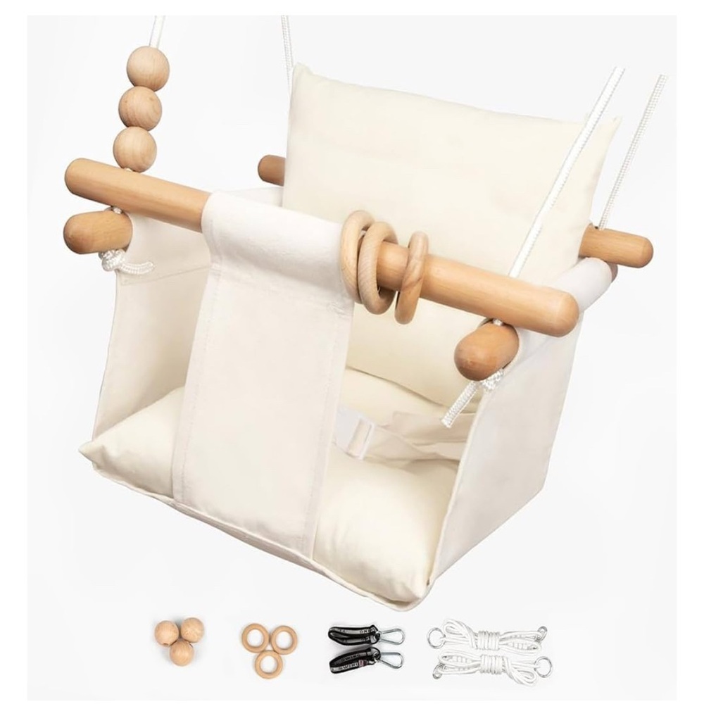 Cream Baby Swing with Wooden Accents